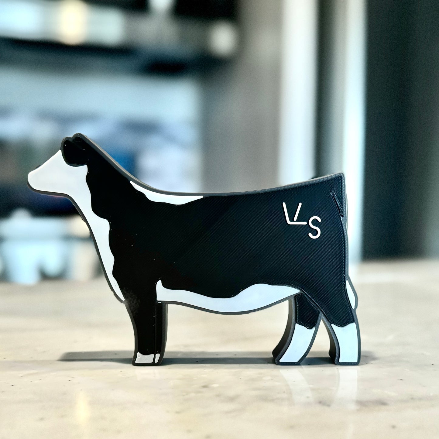 3D printed Black Hereford standing table top farm animal figure featuring a custom brand.