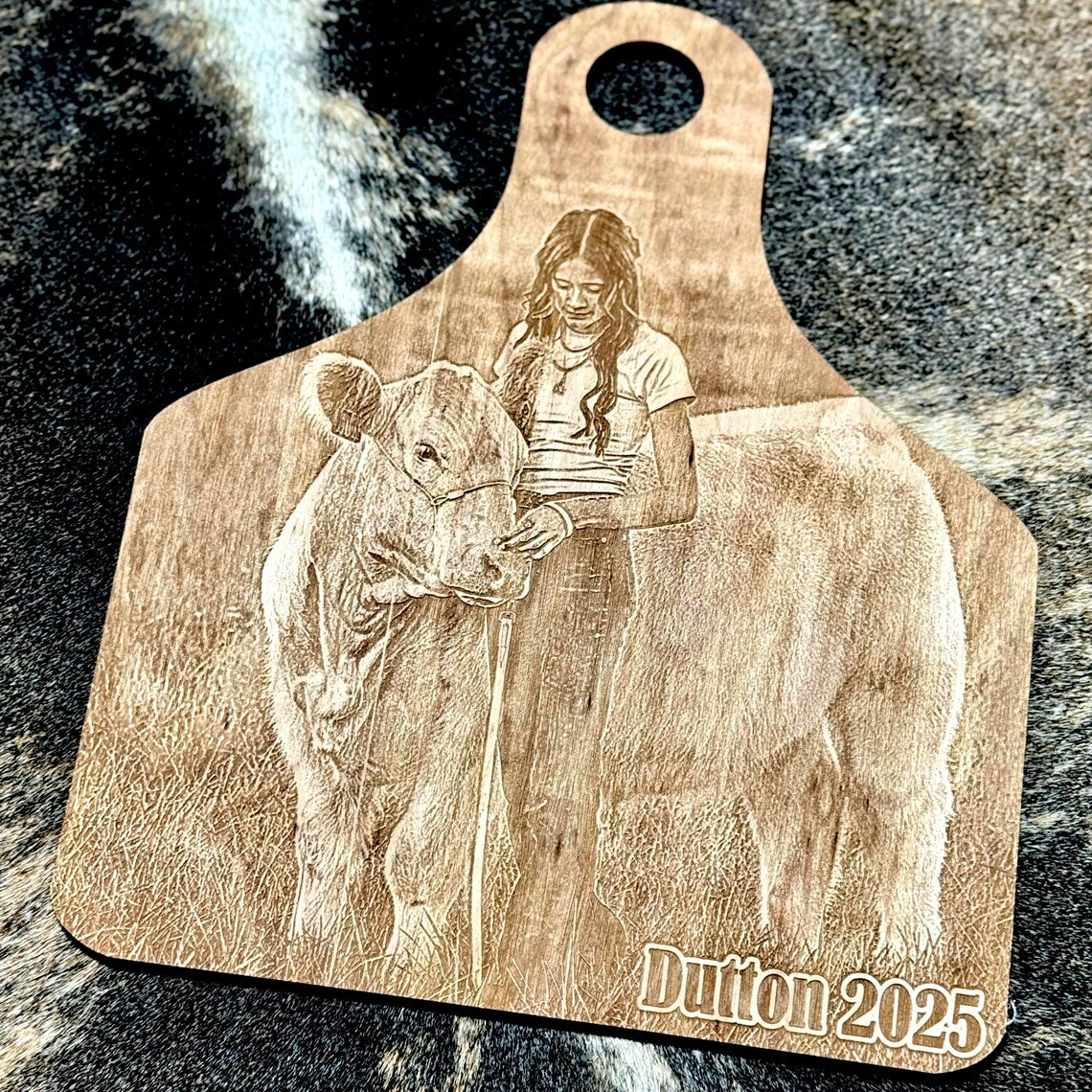 Custom Engraved Wood Photo Ear Tag Sign