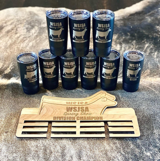 Image shows custom engraved 20oz tumbler cups for division awards, as well as laser engraved wooden ribbon holders.
