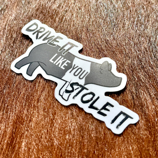 Market pig sticker with text 'Drive it like you stole it'.
