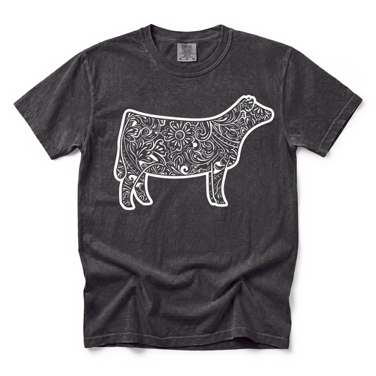 Dark charcoal grey Comfort Colors tee featuring a tooled leather design of a show heifer.