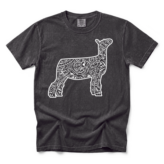 Dark Charcoal Grey Comfort Colors tee featuring a tooled leather design of a show sheep.