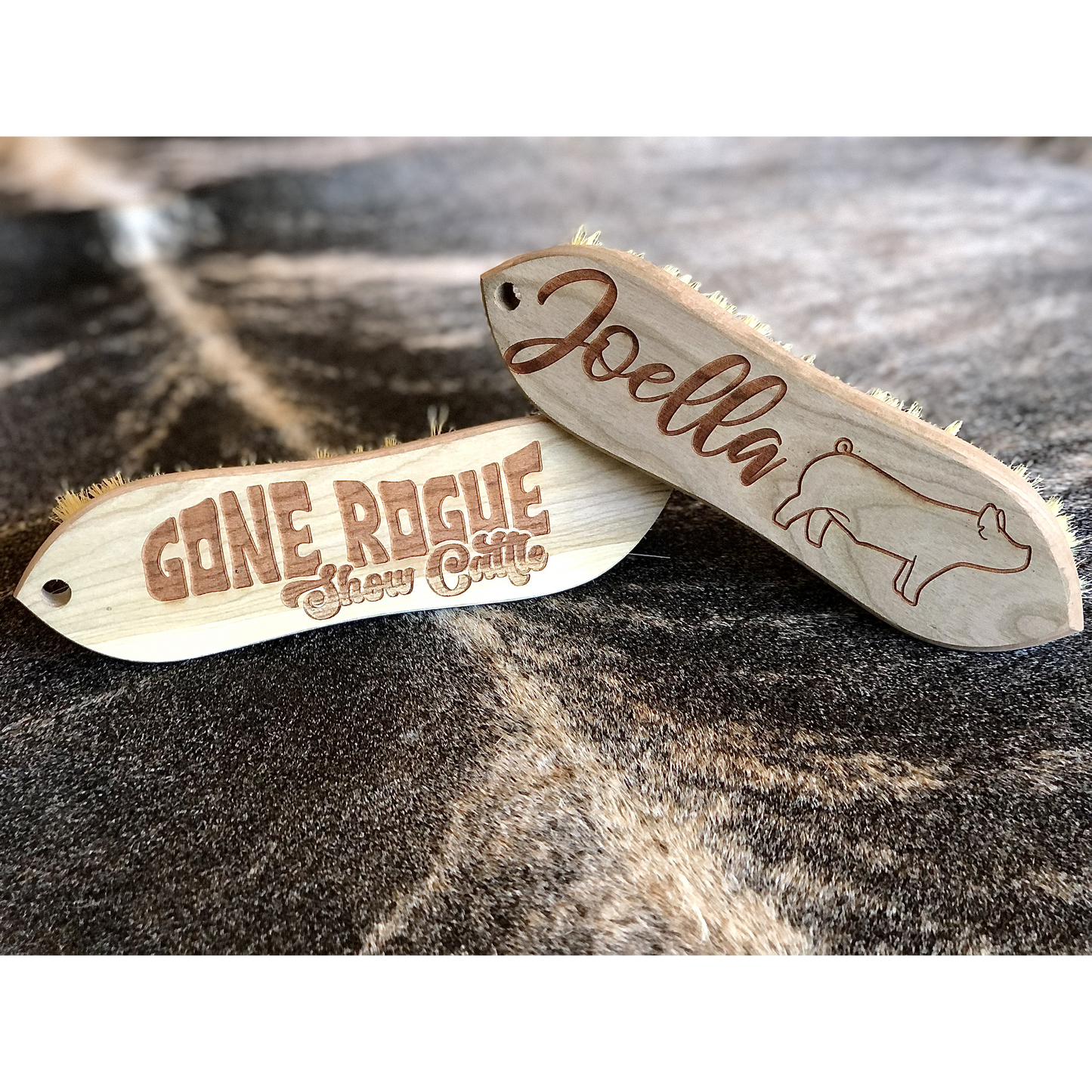 A custom engraved livestock brush with a solid wood handle and sturdy bristles, personalized with a farm name, logo, or initials. Perfect for grooming horses, cattle, goats, and other livestock. For farmers, ranchers, and animal lovers.