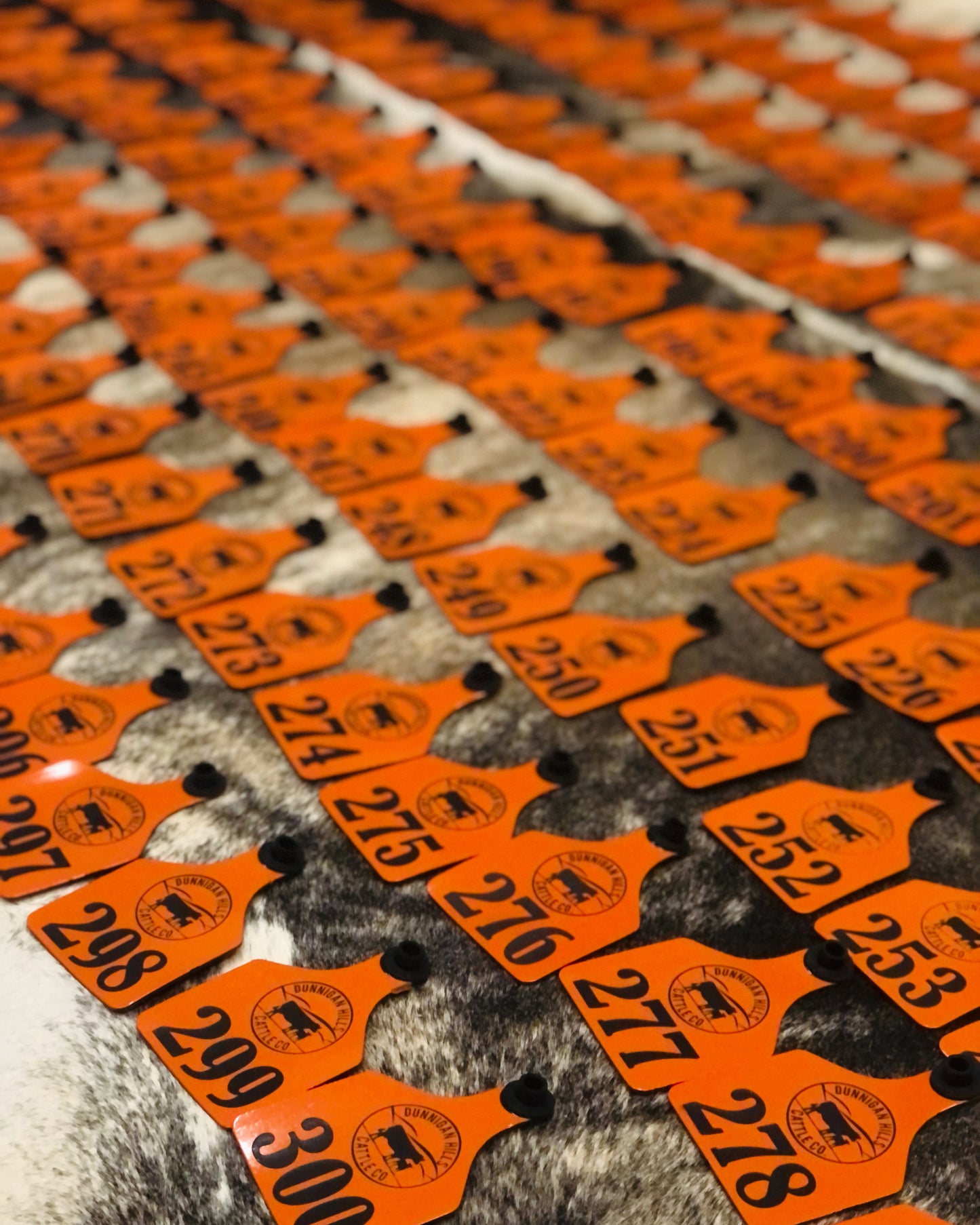 Custom laser-engraved cattle ear tag featuring durable Ritchey material with deep, long-lasting engraving. Includes Y-Tex button for secure attachment. Easy identification, weather resistance, and personalization with names, numbers, or ranch logos.