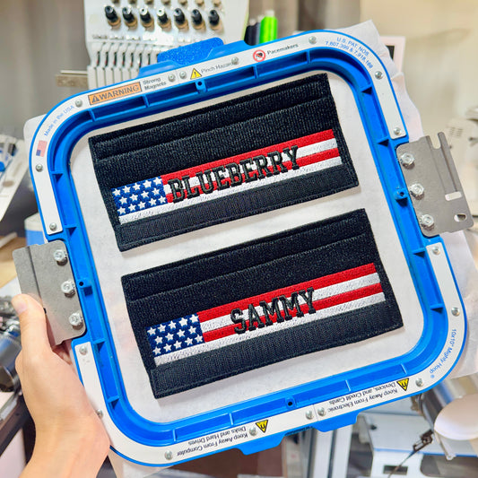 Neoprene cattle halter nose bands featuring an American flag embroidered design.