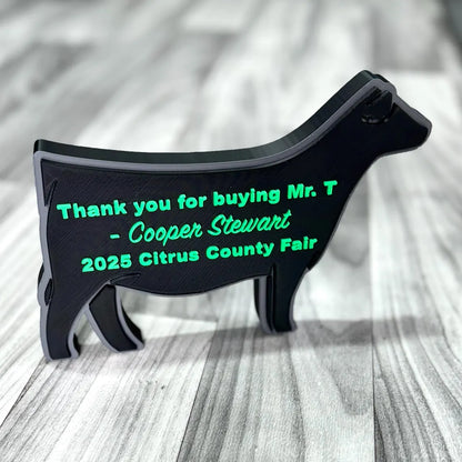 A standing figure buyer thank you gift of an Angus Steer for the Citrus County Fair