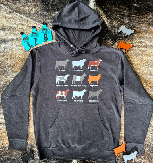 Grey hoodies sweatshirt with 9 different popular beef cattle breeds.