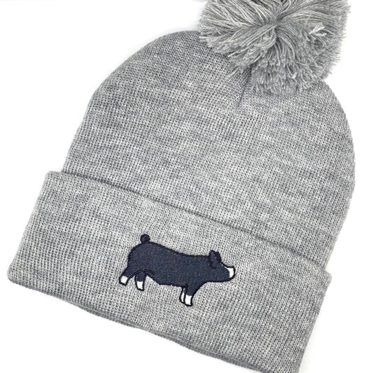 High quality custom embroidery of a Berkshire show pig on a comfy beanie hat.