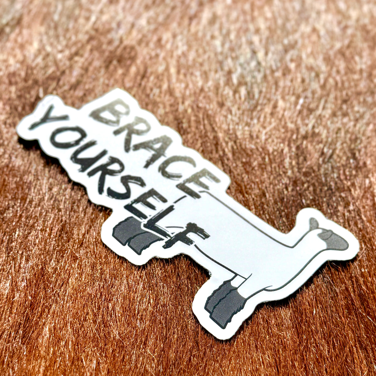 Show sheep sticker with 'BRACE YOURSELF' text.