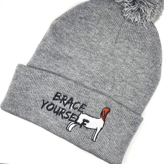 Comfy beanie hat featuring high quality embroidery of a Boer show goat with the text "Brace Yourself".