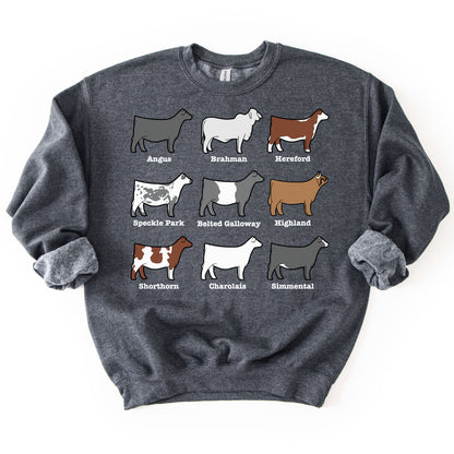 Dark grey pullover sweatshirt featuring a graphic of various cattle breeds like Angus, Brahman, Hereford, Simmental, and more.