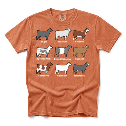 Orange t-shirt with illustrations of different cow breeds and their names on a white background