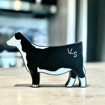 3D printed Black Hereford standing table top farm animal figure featuring a custom brand.