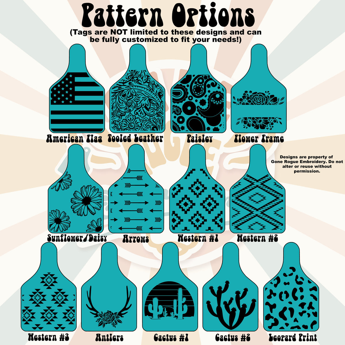 Illustration of pattern options for ear tags with various designs on a beige background.