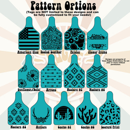 Illustration of pattern options for ear tags with various designs on a beige background.