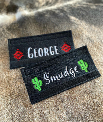 Custom embroidered cattle noseband with high-quality stitching, featuring names, brands, or designs. Made from durable materials, perfect for livestock identification or a personalized touch. Available in various colors and fonts to match your style.