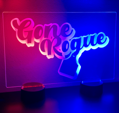 Custom LED light sign made from clear acrylic, personalized with text or design. The LED base is remote-controlled and can be powered by USB or batteries. Perfect for home decor or as a unique gift.