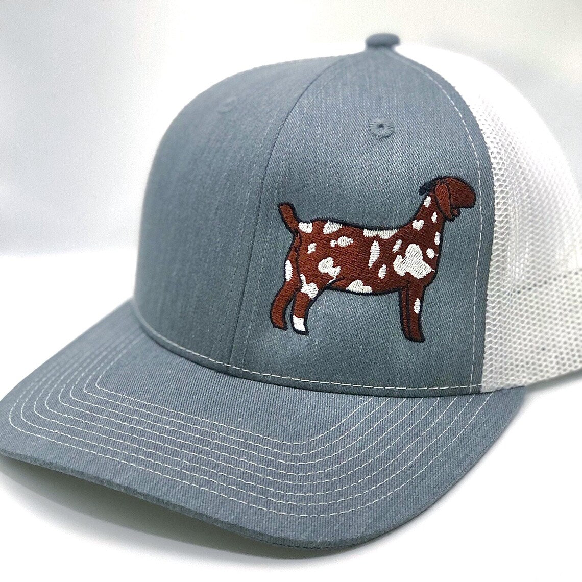 Richardson 112 Hat featuring an embroidered design on a dappled Boer doe goat.