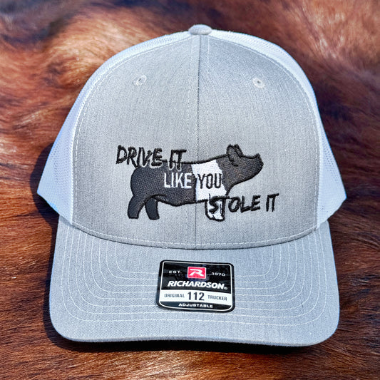 Grey Richardson 112 hat featuring an embroidered design of a Hampshire Show Pig and the words "Drive It Like You Stole It".