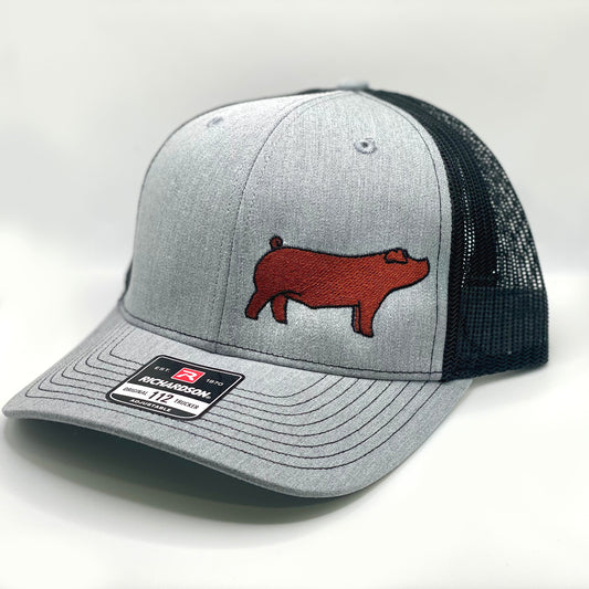 Richardson 112 hat featuring high quality embroidery of a Duroc show pig, great gift idea for pig breeders or pig showmen.