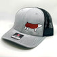 Custom embroidered Richardson 112 trucker hat featuring a high quality embroidered design on a Hereford show pig.