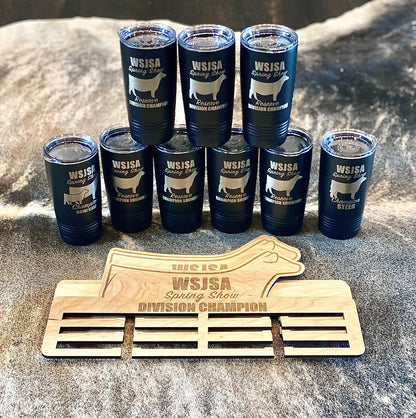 Image shows custom engraved 20oz tumbler cups for division awards, as well as laser engraved wooden ribbon holders.