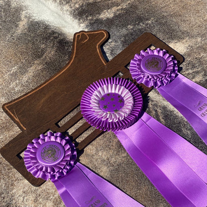 Custom engraved livestock show ribbon holder designed to display award ribbons. Personalized with name, show year, or farm name. Perfect for FFA, 4-H members, ranchers, and livestock exhibitors to showcase their achievements.
