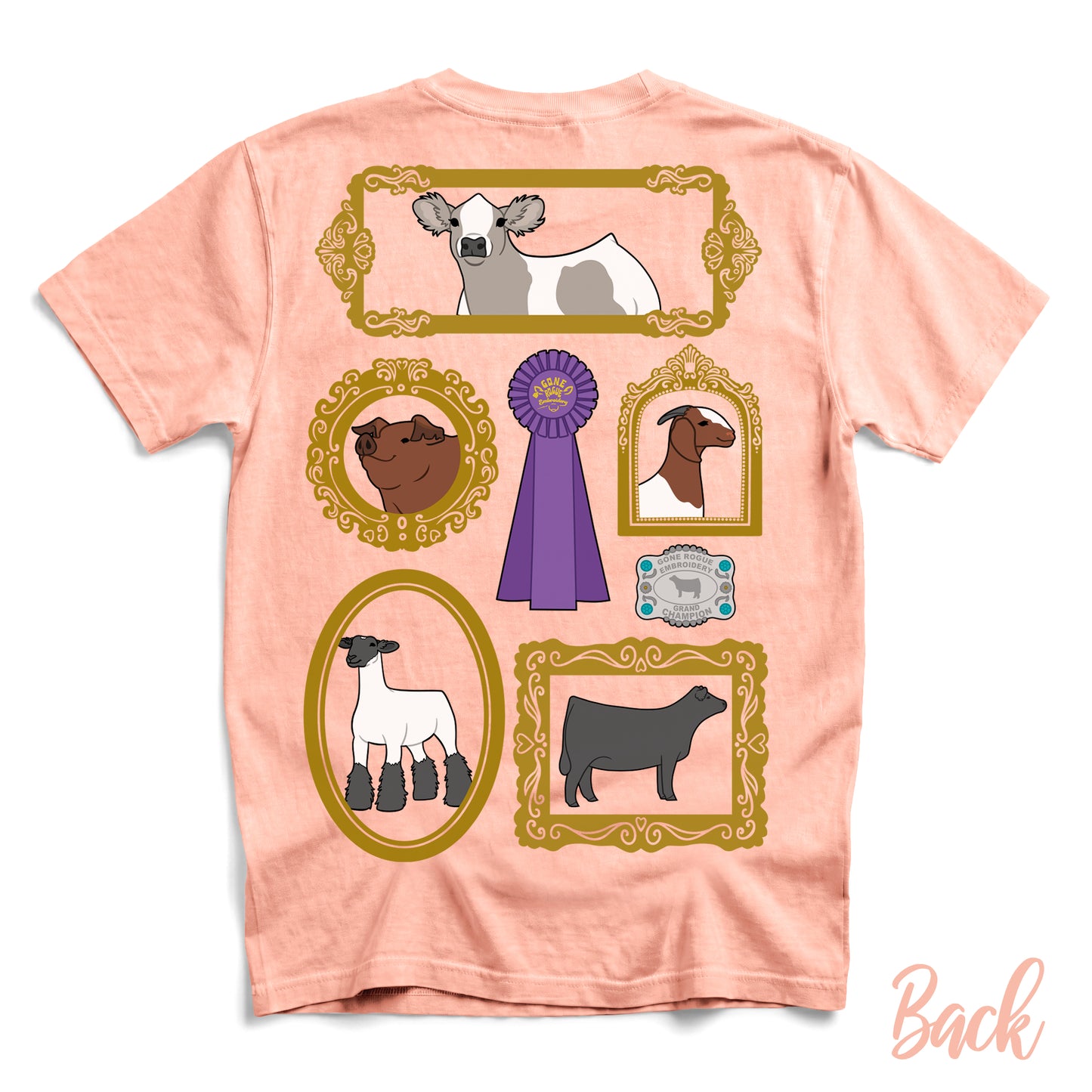 Pink t-shirt with animal illustrations and ribbons on the back