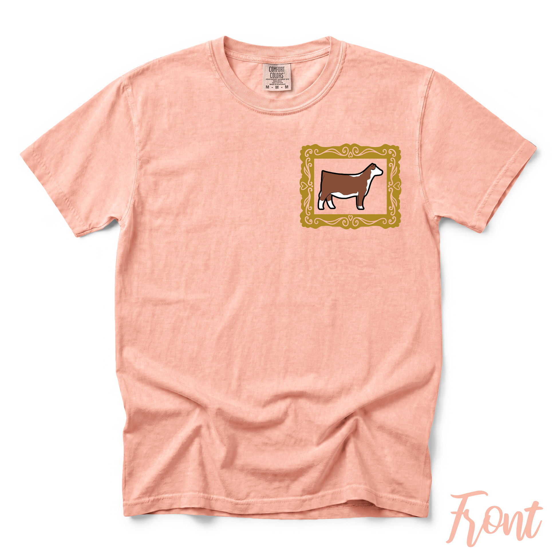 Pink t-shirt with a cow illustration in a frame on a white background
