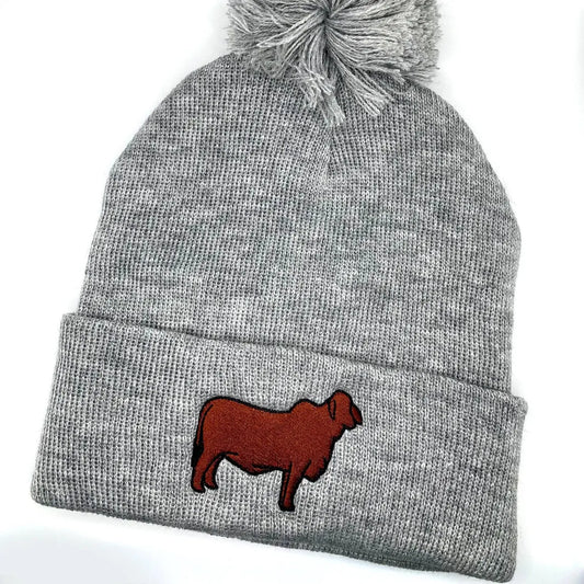 High quality embroidered beanie featuring a Brahman show heifer.