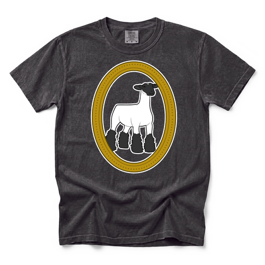 Dark charcoal grey Comfort Colors t-shirt featuring a graphic of a show lamb in a vintage picture frame.