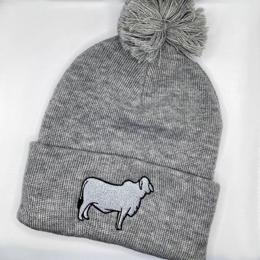 High quality embroidered beanie featuring a Brahman show heifer.