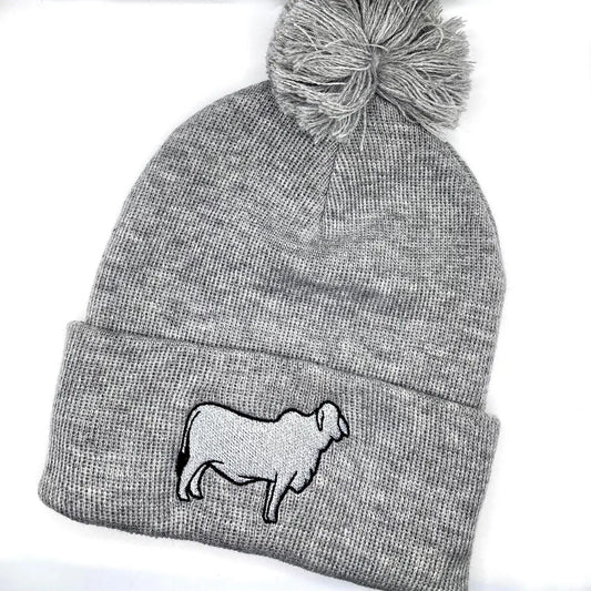 High quality embroidered beanie featuring a Brahman show heifer.