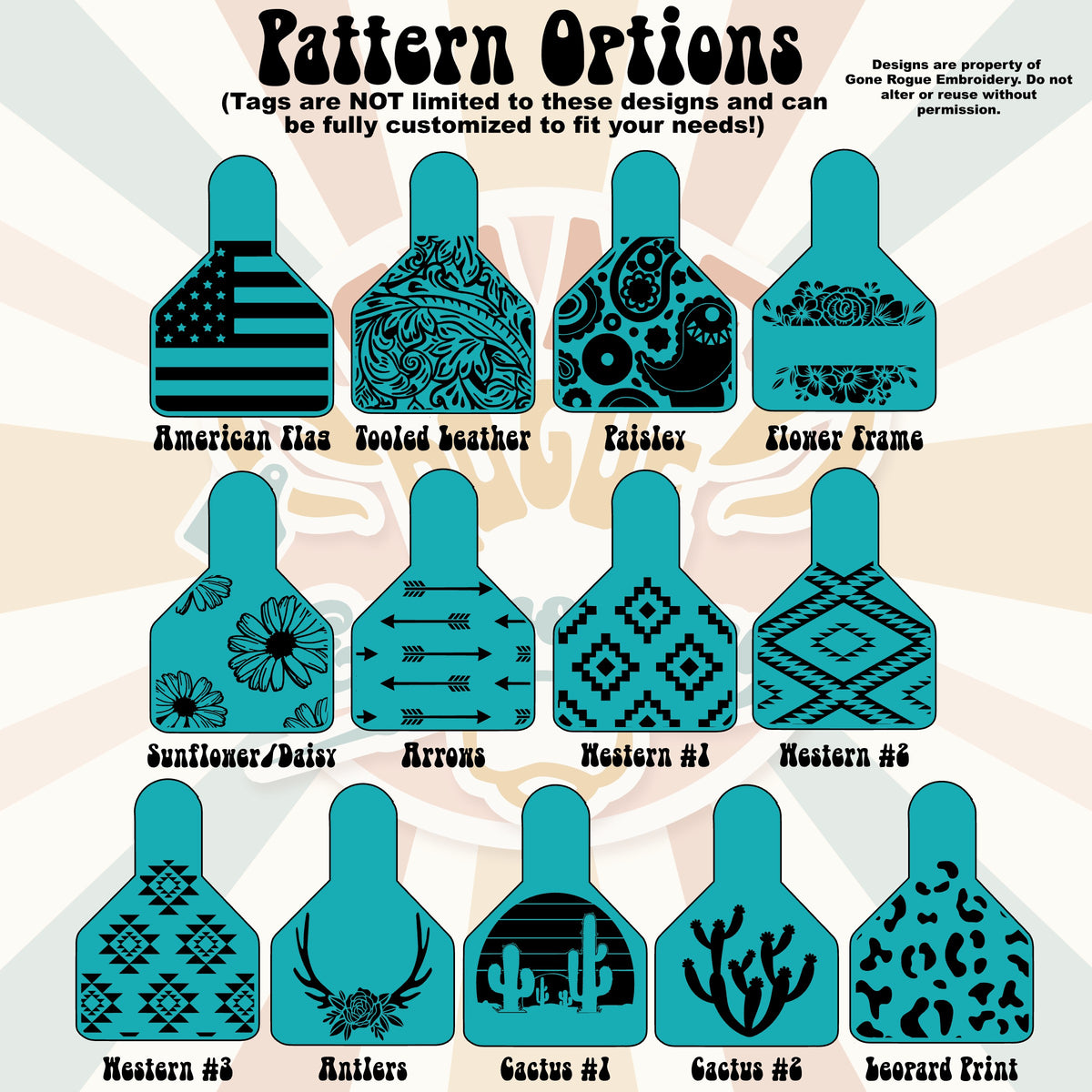 Illustration of pattern options for ear tags with various designs on a beige background.