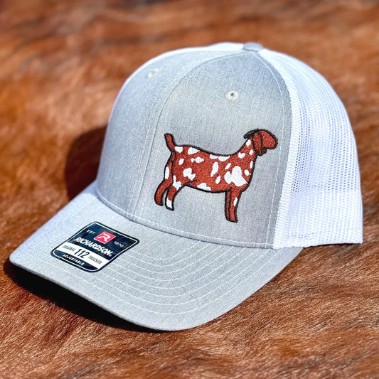 Richardson 112 Hat featuring an embroidered design on a dappled Boer doe goat.