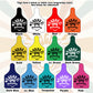 Collection of 'Gone Rogue Embroidery' tags in various colors on a neutral background.