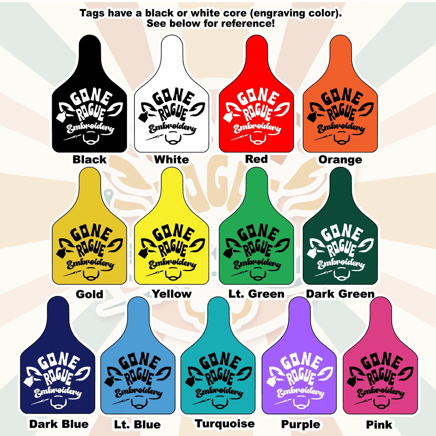 Collection of 'Gone Rogue Embroidery' tags in various colors on a neutral background.