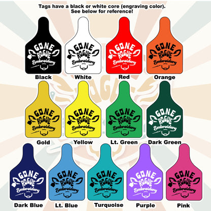 Collection of 'Gone Rogue Embroidery' tags in various colors on a neutral background.
