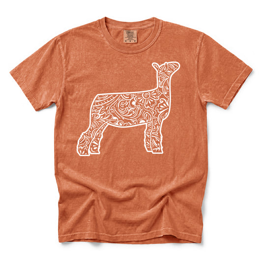 Orange Comfort Colors tee featuring a tooled leather design of a show sheep.