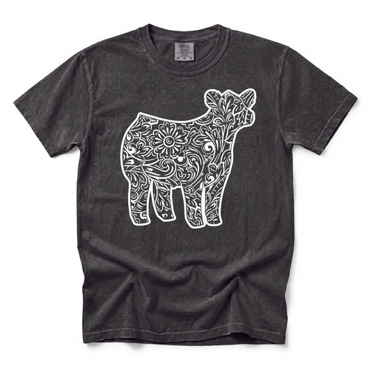 Dark charcoal grey Comfort Colors tee featuring a tooled leather design of a show steer.