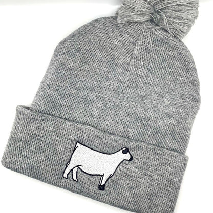 British White embroidered show heifer on a comfy winter beanie hat.