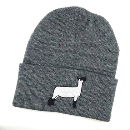 Close-up of show sheep embroidery on a beanie, showing premium stitching and soft fabric, ideal for farm lovers.