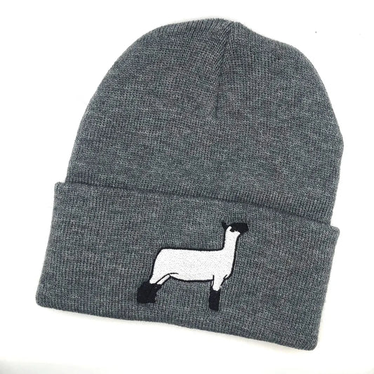 Close-up of show sheep embroidery on a beanie, showing premium stitching and soft fabric, ideal for farm lovers.