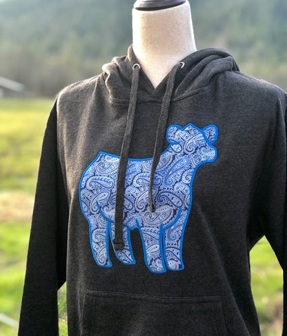 Embroidered show steer hoodie featuring a bold western-inspired design with a paisley pattern. Made from soft, warm fabric, perfect for stock show exhibitors, ranchers, and cattle enthusiasts.