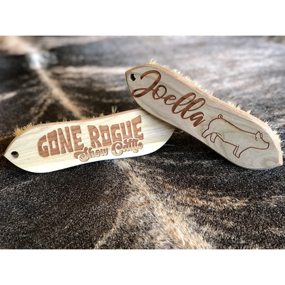 A custom engraved livestock brush with a solid wood handle and sturdy bristles, personalized with a farm name, logo, or initials. Perfect for grooming horses, cattle, goats, and other livestock. For farmers, ranchers, and animal lovers.