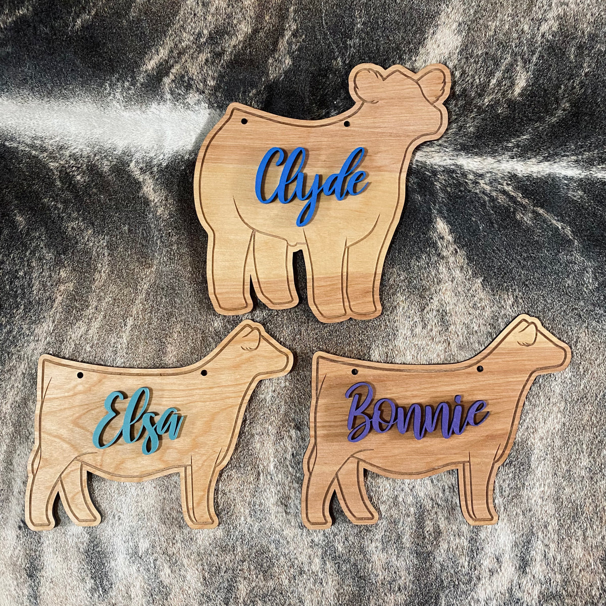 Three wooden stall signs with custom painted names for county fair or livestock shows.