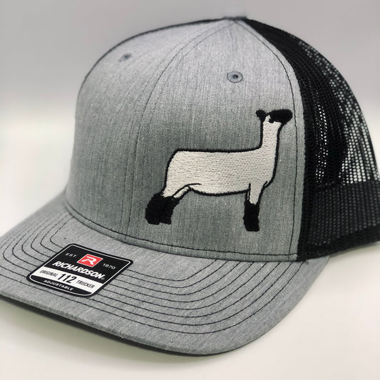 Richardson 112 trucker hat featuring an embroidered sheep design, available in multiple colors with a breathable mesh back and adjustable snapback closure
